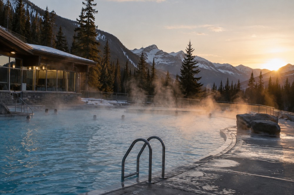 Evening light over a hot springs pool with steam drifting across the water