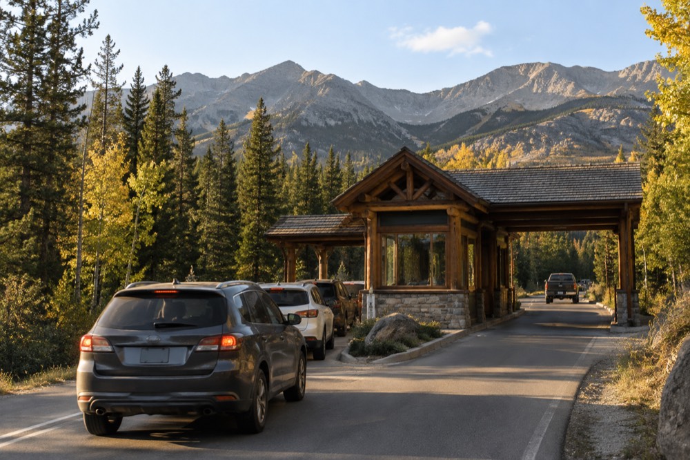 Entry gate kiosk on a forested highway with mountains behind