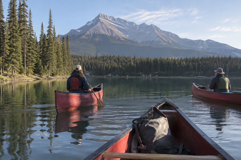 A small group of canoes on a still lake surrounded by pine forest and mountains