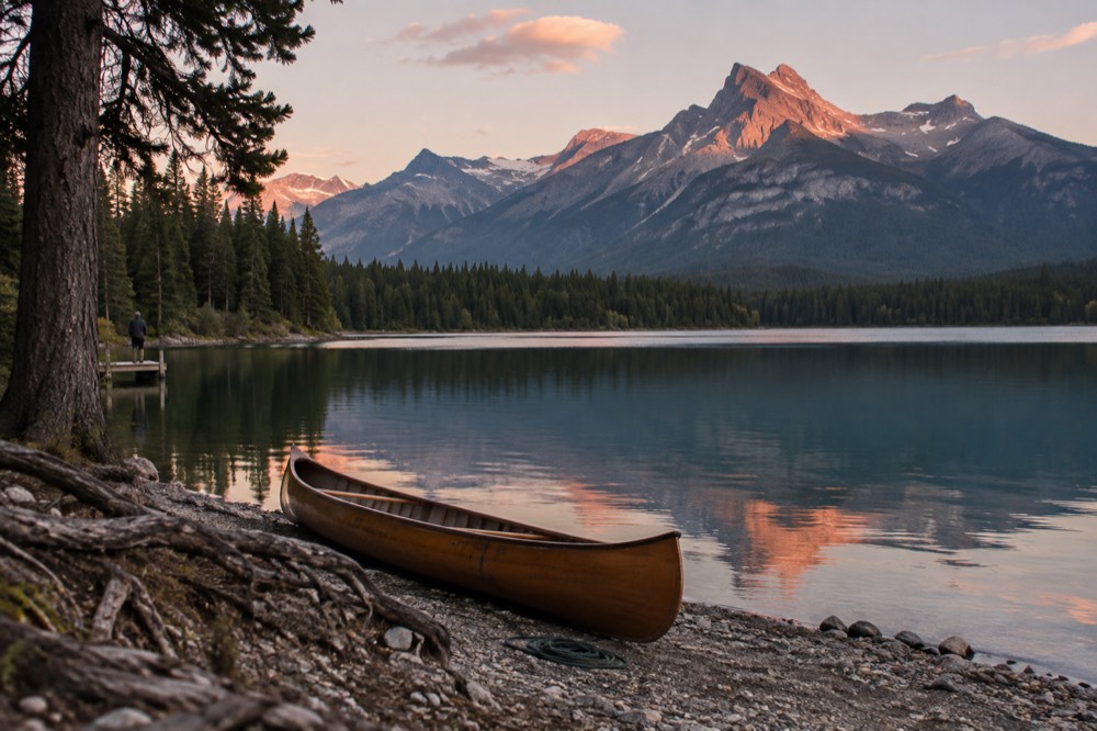 A canoe pulled up on a lakeshore beach with mountains across the water