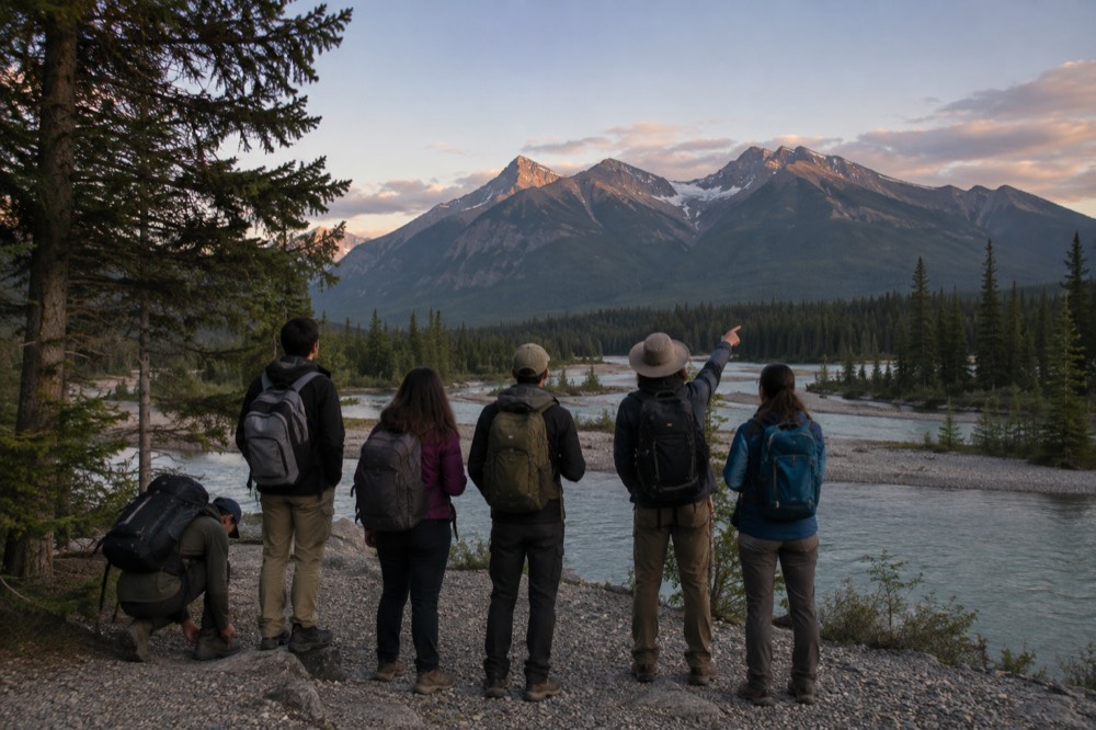 A guide pointing toward distant mountains while a small group listens