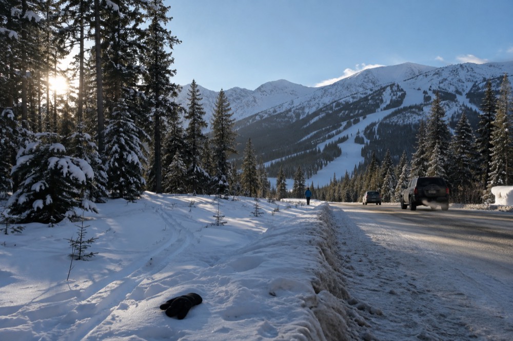 Snow-covered pine forest under a clear blue winter sky