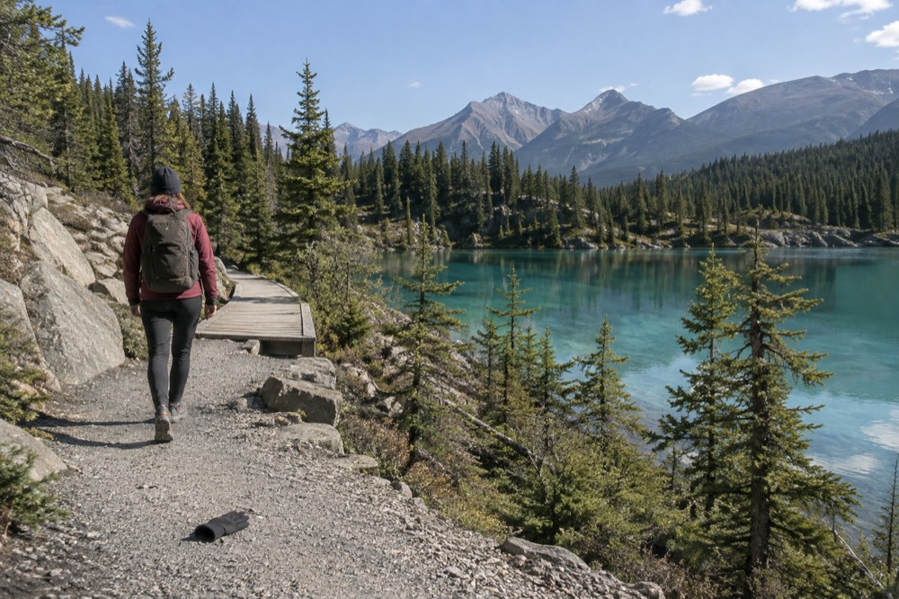 Hiker on a forest trail overlooking a turquoise mountain lake with peaks behind
