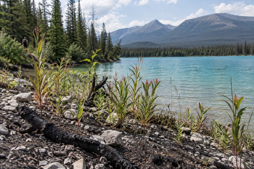 Young green shoots rising from blackened ground beside a lake shoreline