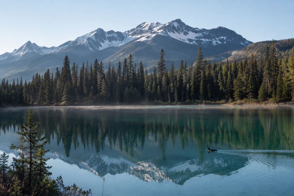 A turquoise lake reflecting dark forest and a distant snowpatched mountain ridge