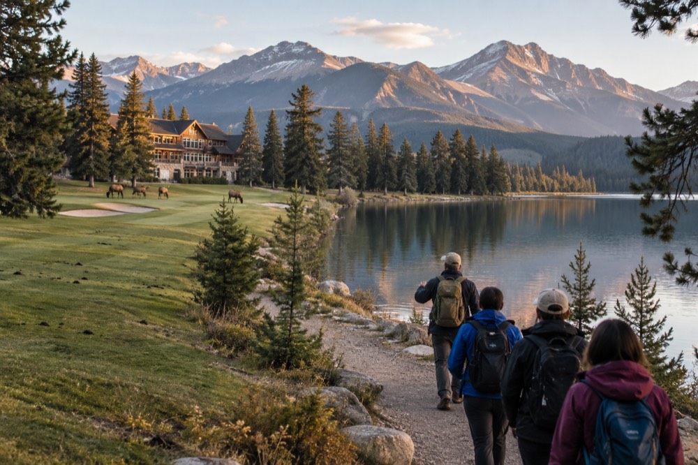 A guide leading a small group along a lakeshore trail with mountains reflected in still water