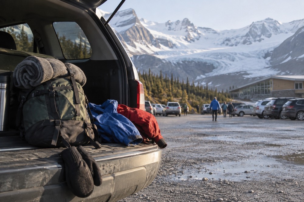 Family daypack and layered jackets arranged on a vehicle tailgate in a gravel parking area