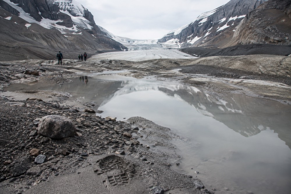 Wet gravel and shallow meltwater pooling on bare rock near the glacier toe