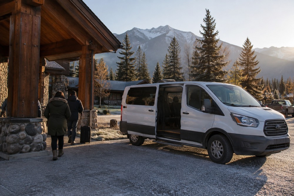 A van parked at a hotel entrance in a mountain town in early morning light