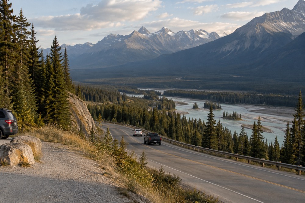 A winding road following a turquoise river through a wide mountain valley