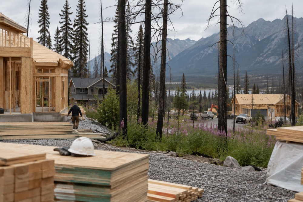 New buildings under construction beside standing evergreen trees in a mountain town